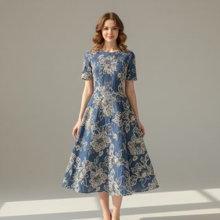 Pamutvászon JEANS EMBROIDERY Bouquet blue