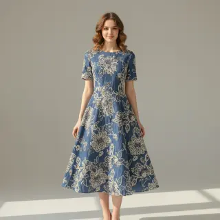 Pamutvászon JEANS EMBROIDERY Bouquet blue