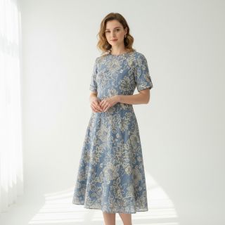 Pamutvászon JEANS EMBROIDERY Bouquet light blue