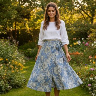 Pamutvászon JEANS EMBROIDERY Bouquet light blue