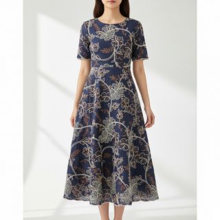 Pamutvászon JEANS Embroidery leaves dark blue