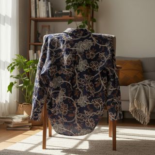 Pamutvászon JEANS Embroidery leaves dark blue