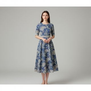 Pamutvászon JEANS Embroidery leaves light blue