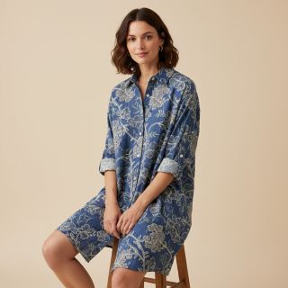 Pamutvászon JEANS Embroidery leaves light blue