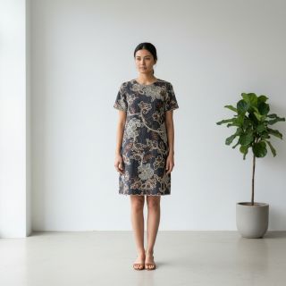 Pamutvászon JEANS Embroidery leaves black