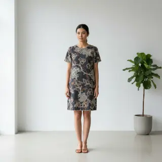 Pamutvászon JEANS Embroidery leaves black