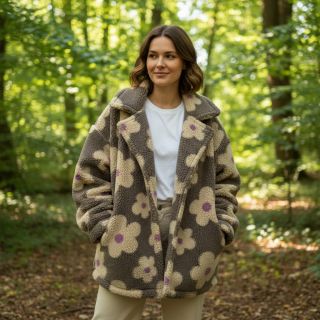 Kabát anyag TEDDY JACQUARD Flowers taupe/beige