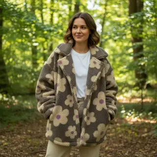 Kabát anyag TEDDY JACQUARD Flowers taupe/beige