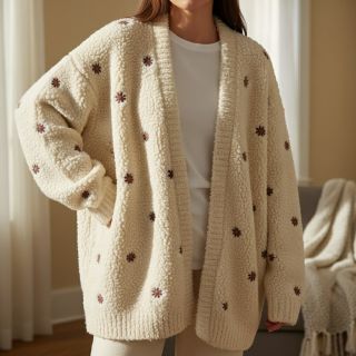 Kabát anyag TEDDY EMBROIDERY Mini ecru