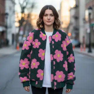 Kabát anyag TEDDY JACQUARD Flowers army green/pink