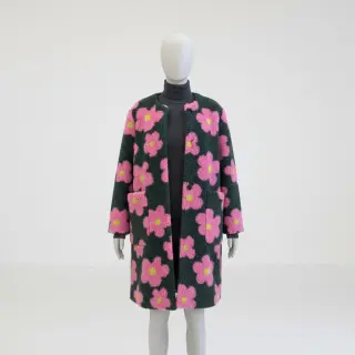 Kabát anyag TEDDY JACQUARD Flowers army green/pink