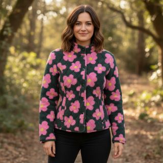 Kabát anyag TEDDY JACQUARD Flowers army green/pink