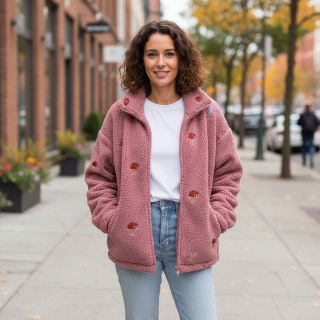 Kabát anyag EMBROIDERY Little mushrooms old pink