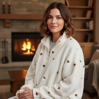 Kabát anyag EMBROIDERY Little mushrooms off white