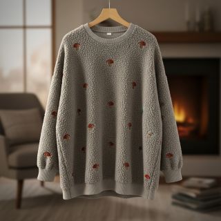 Kabát anyag EMBROIDERY Little mushrooms pebble