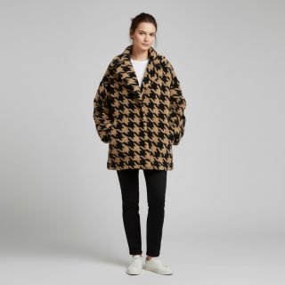 Kabát anyag TEDDY JACQUARD PIED DE POULE camel