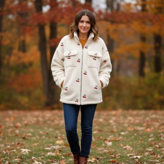 Kabát anyag TEDDY EMBROIDERY Cherries