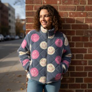 Kabát anyag TEDDY JACQUARD Happy faces jeans