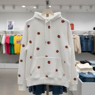 Kabát anyag TEDDY EMBROIDERY Strawberries off white