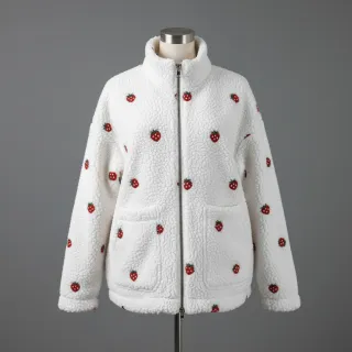 Kabát anyag TEDDY EMBROIDERY Strawberries white