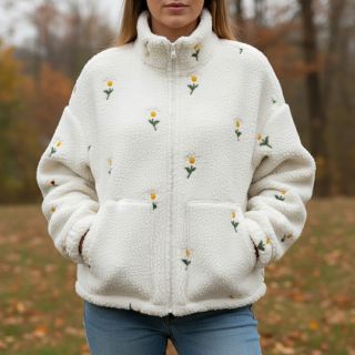 Kabát anyag TEDDY EMBROIDERY Flowers off white