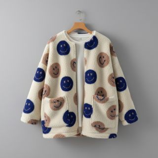 Kabát anyag TEDDY JACQUARD Happy faces ecru