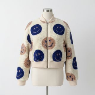 Kabát anyag TEDDY JACQUARD Happy faces ecru