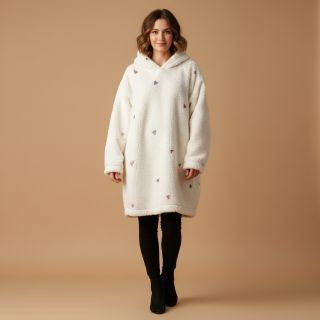 Kabát anyag TEDDY EMBROIDERY Hearts ecru