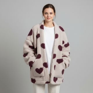 Kabát anyag TEDDY JACQUARD Hearts rouge