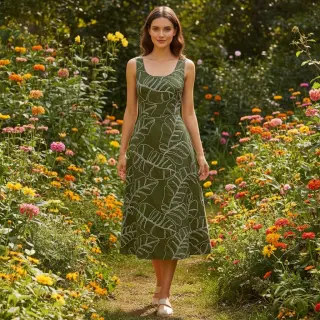 Viszkóz lenvászonnal EMBROIDERY Leaves forest green