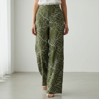 Viszkóz lenvászonnal EMBROIDERY Leaves forest green