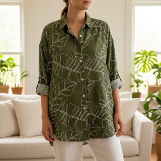 Viszkóz lenvászonnal EMBROIDERY Leaves forest green