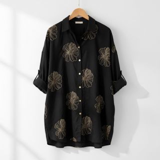 Viszkóz lenvászonnal EMBROIDERY Flower Maya black