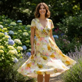 Viszkóz SATIN Ambre yellow digital print