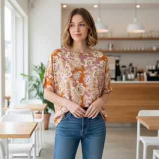 Viszkóz SATIN Flowie Noe orange digital print