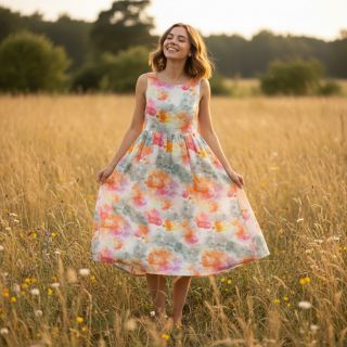 Lenvászon pamuttal Abstract flowers RAMIE orange digital print