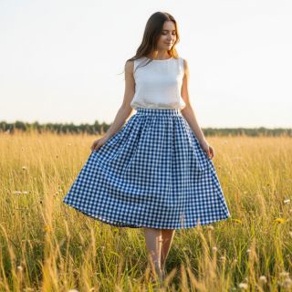 Pamutvászon Check sky