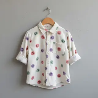 Pamutvászon FLANNEL Happy faces off white lilac