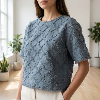 Pamutvászon lenvászonnal Vintage Fringe Diamonds blue