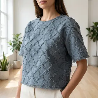Pamutvászon lenvászonnal Vintage Fringe Diamonds blue