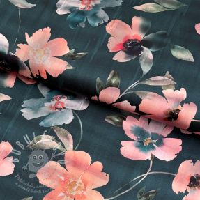 Pamutvászon SATIN Penny flower petrol digital print