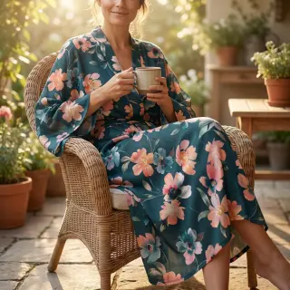Pamutvászon SATIN Penny flower petrol digital print