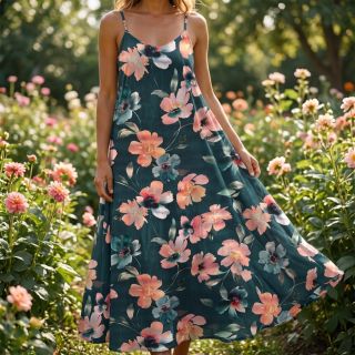 Pamutvászon SATIN Penny flower petrol digital print