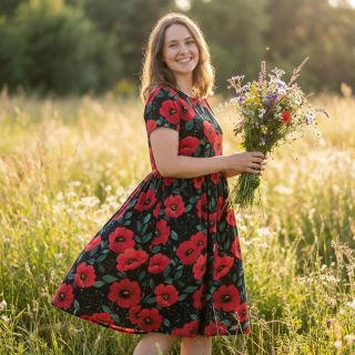 Pamutvászon Poppy black digital print