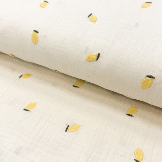 Dupla géz/muszlin EMBROIDERY Fruit natural yellow
