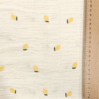 Dupla géz/muszlin EMBROIDERY Fruit natural yellow