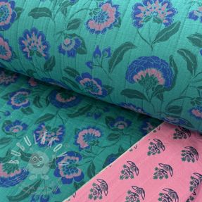 Dupla géz/muszlin STEPPED Flowers petrol