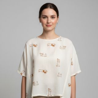 Dupla géz/muszlin EMBROIDERY Dogs ecru