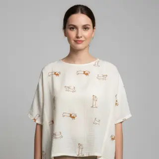 Dupla géz/muszlin EMBROIDERY Dogs ecru