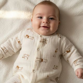 Dupla géz/muszlin EMBROIDERY Dogs ecru